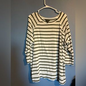 Olive green and cream stripes sweater with 3/4 length sleeves.  Soft and cozy.